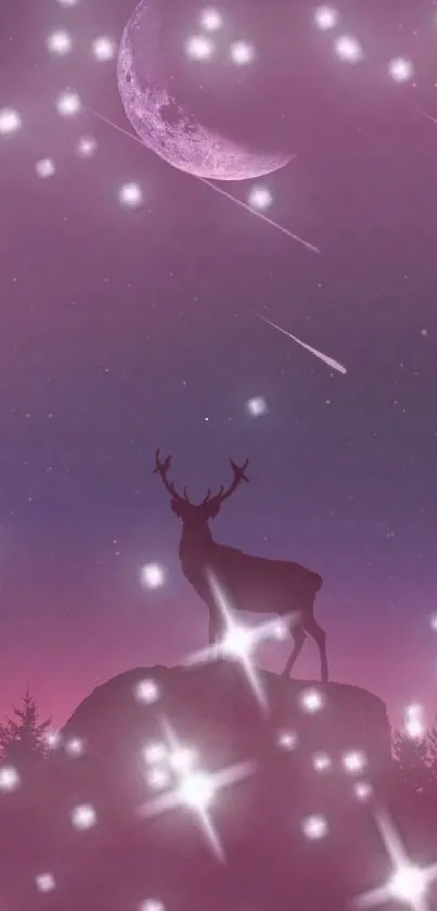 Mystical night scene with deer and stars on mobile wallpaper.