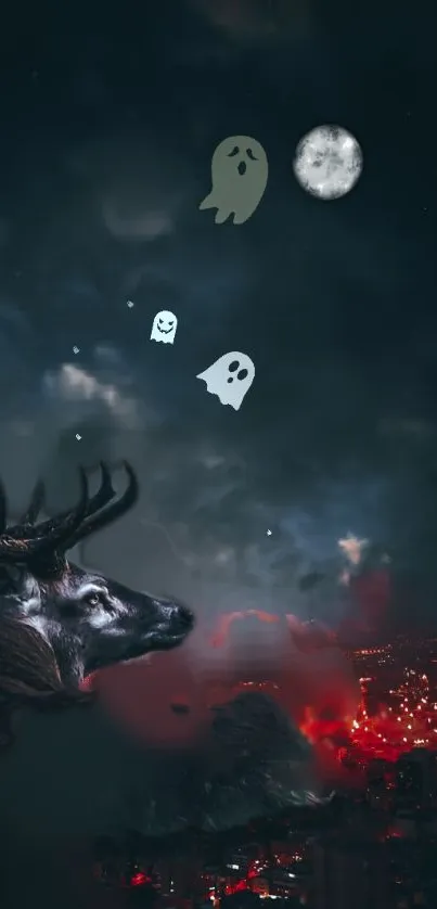 Mystical deer with ghosts under a night sky and city lights.