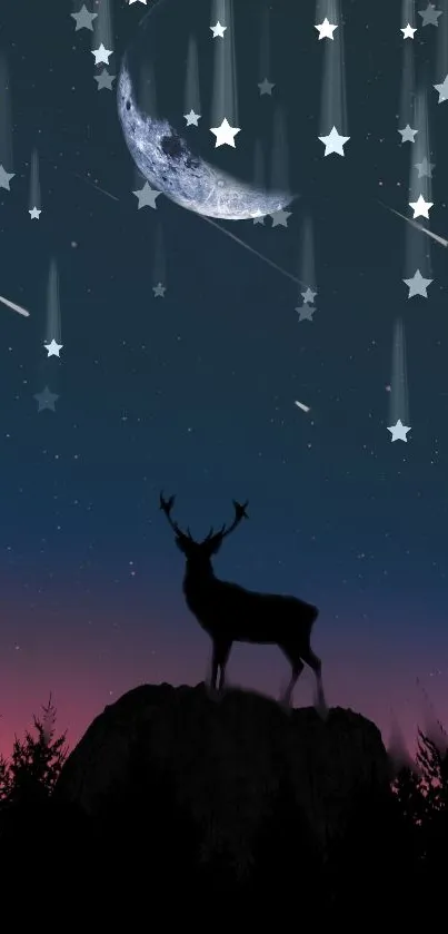 Silhouetted deer with starry sky and moon on night mobile wallpaper.