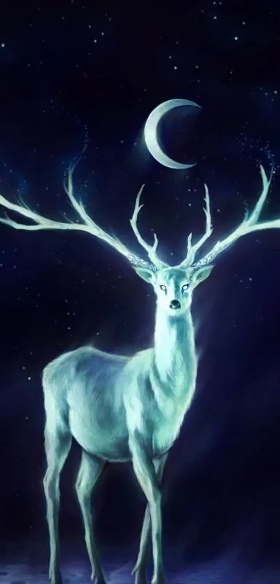 Mystical deer under crescent moon in night sky wallpaper.