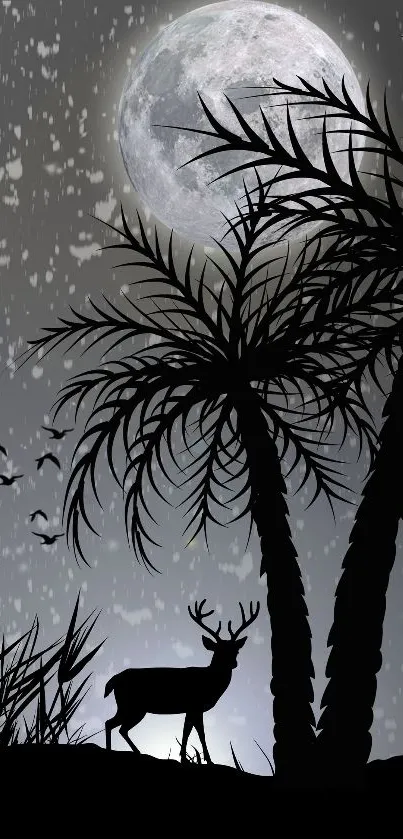 Silhouette of a deer under a moonlit sky with palm trees and birds.