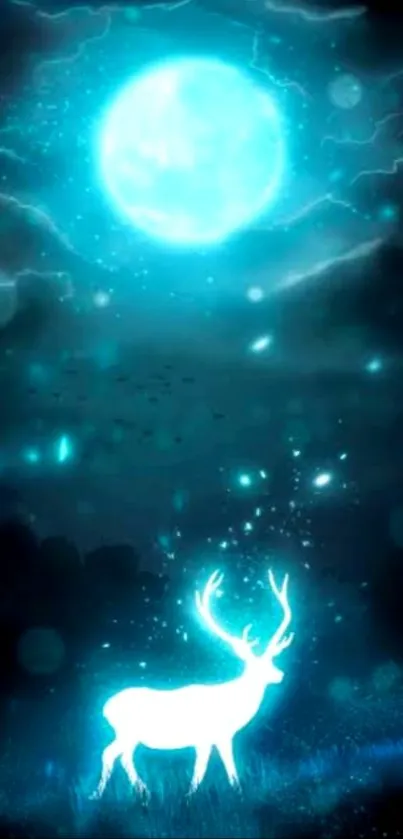 Glowing deer under blue moonlight in a mystical nature scene.