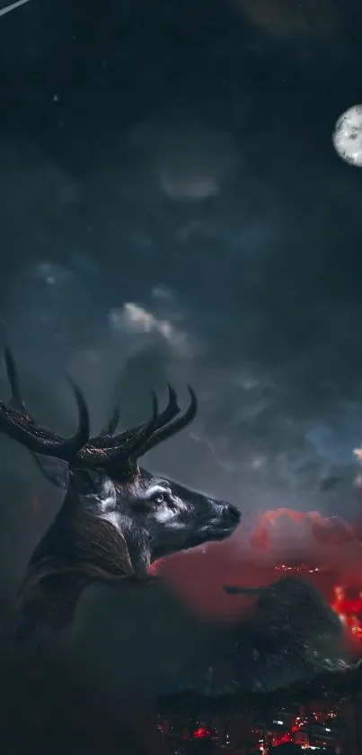 Mystical deer against a moonlit night sky.