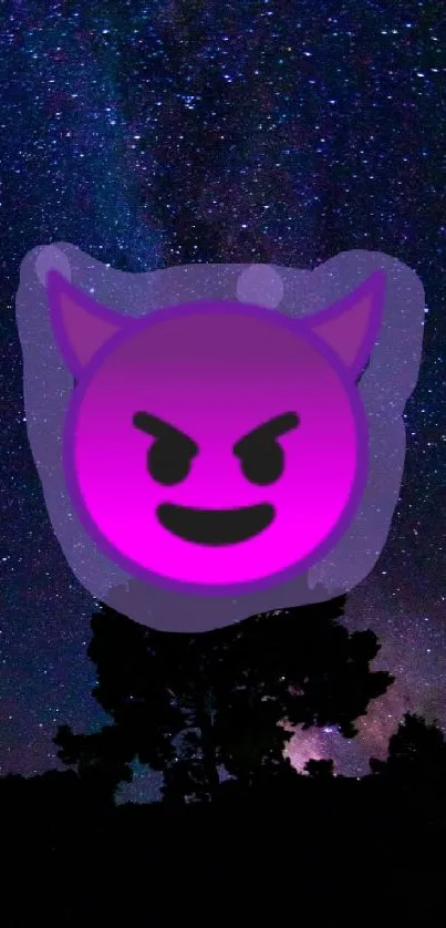 Purple devil emoji on starry night sky wallpaper.