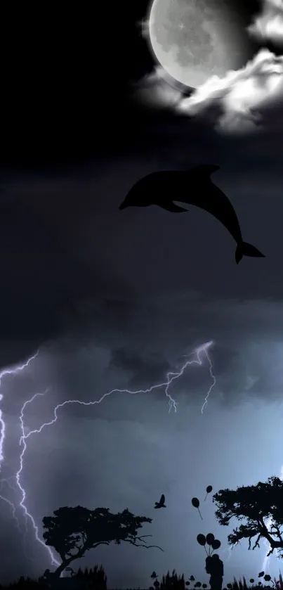 Mystical night wallpaper with dolphin silhouette and stormy sky.