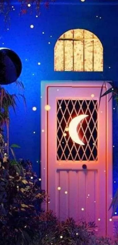 Enchanting night scene of moonlit door with blue and purple hues.