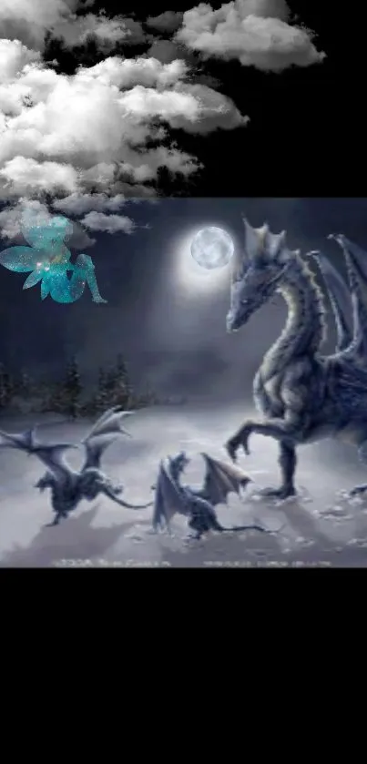 Mystical night scene with dragons under moonlight and clouds.