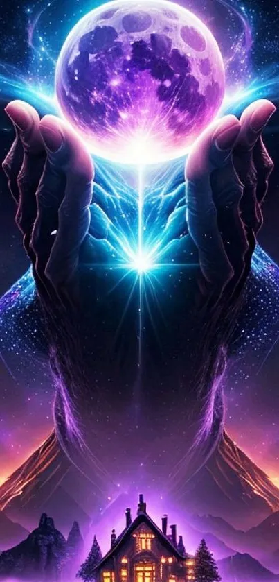 Mystical hands holding a glowing celestial orb above a cabin in dreamlike scenery.