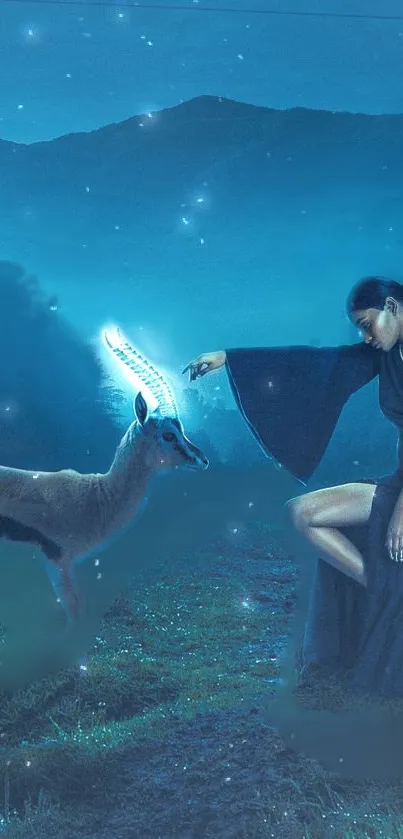 Mystical artwork with woman and glowing deer.