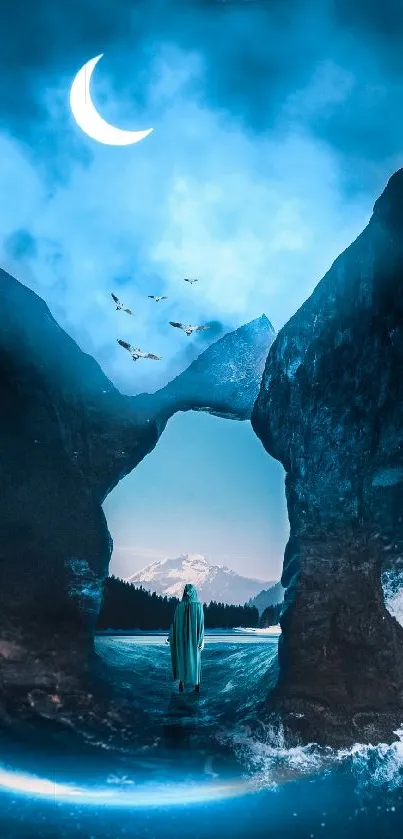 Mysterious figure stands before moonlit ocean path with crescent moon in blue night sky.