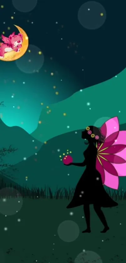 Mystical silhouette fairy with pink wings and moon creature.