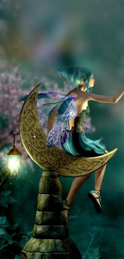 Mystical fairy sitting on a crescent moon, surrounded by glowing lanterns.