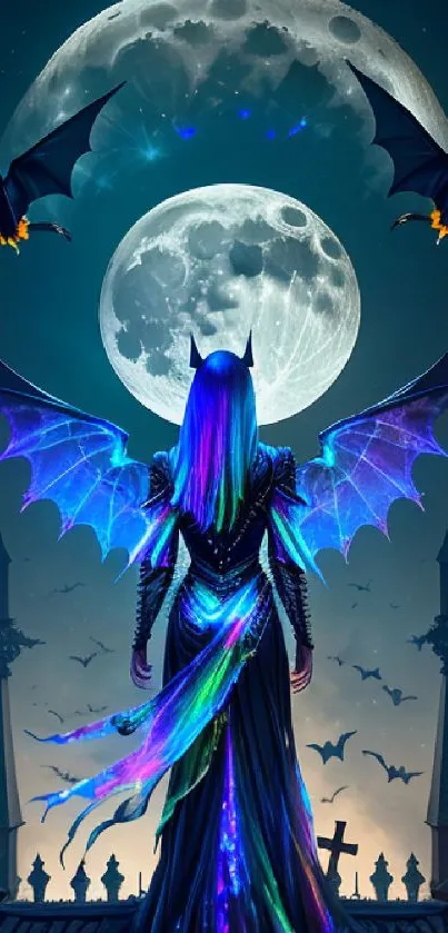 Fantasy character with glowing wings under a moonlit sky with gothic towers.