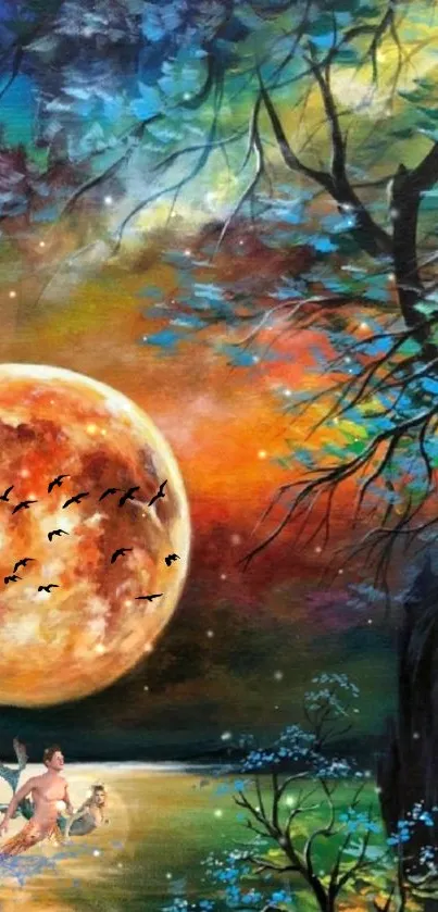 Fantasy art wallpaper with a glowing moon, mystical trees, and vibrant colors.