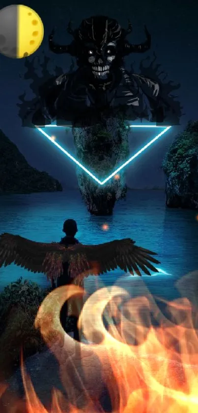 Fantasy night scene with glowing shapes and a winged figure over water.