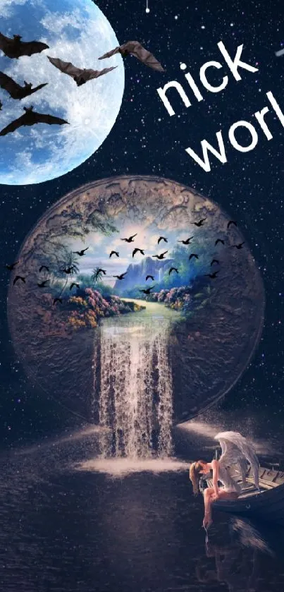 Mystical night fantasy scene with moon, birds, and waterfall in digital art.