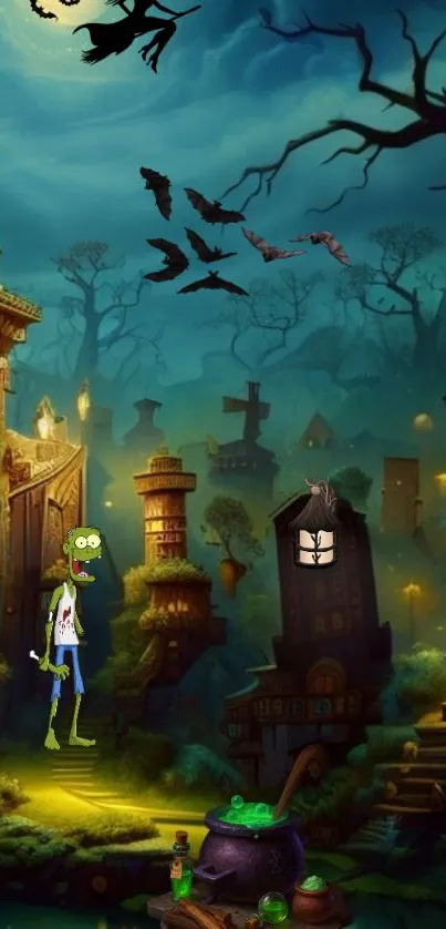 A mystical fantasy night scene with eerie castles and spooky creatures.