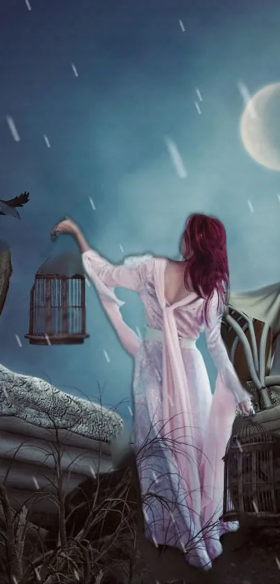 Woman in pink dress under crescent moon in fantasy scene.