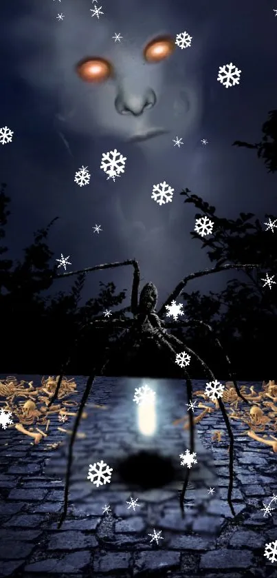 Mystical fantasy night with glowing eyes and snowflakes.