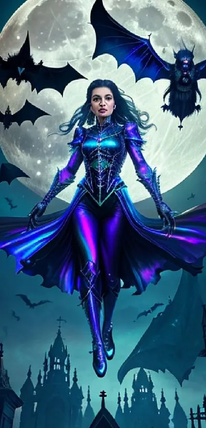 Fantasy wallpaper with glowing woman, moon, and bats in deep blue hues.