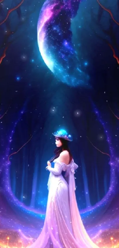 Mystical fantasy wallpaper with moon and ethereal figure.