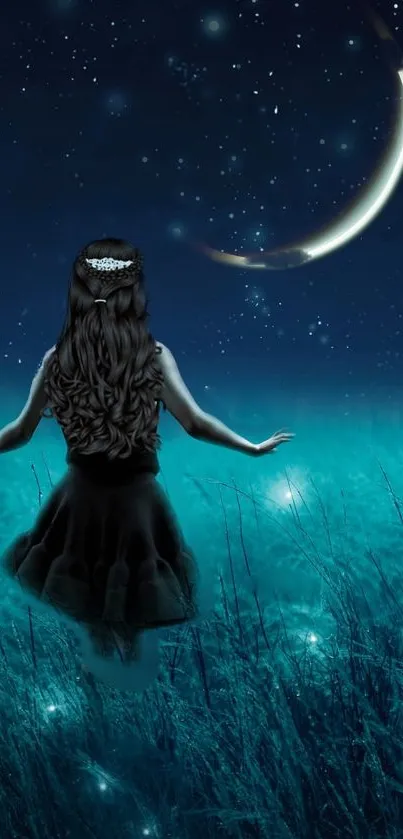 Girl in dark dress under a crescent moon in a starry, teal-toned night landscape.