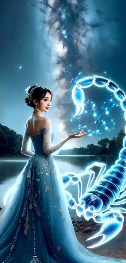 Woman in blue gown with glowing scorpion under a starry night sky.