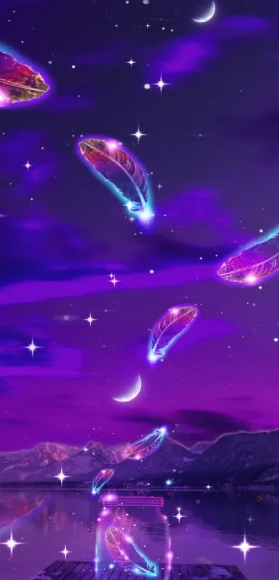 Mystical glowing feathers in purple night sky wallpaper.