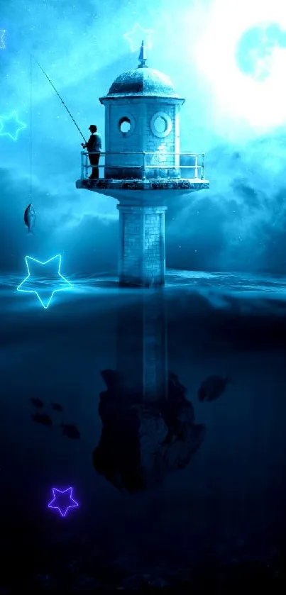 Lighthouse and fisherman at night under a moonlit sky on a mobile wallpaper.