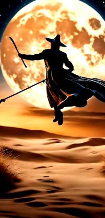Silhouette of a witch flying across a full moon in a desert landscape at night.