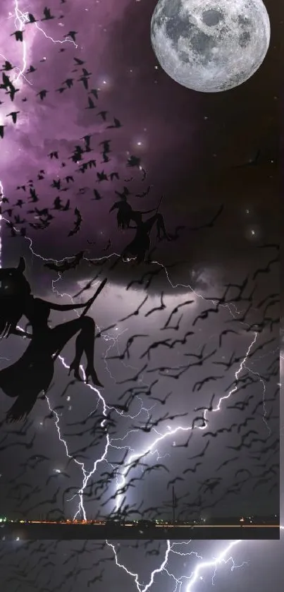 Witch flying against a mystical moonlit sky with lightning and birds.