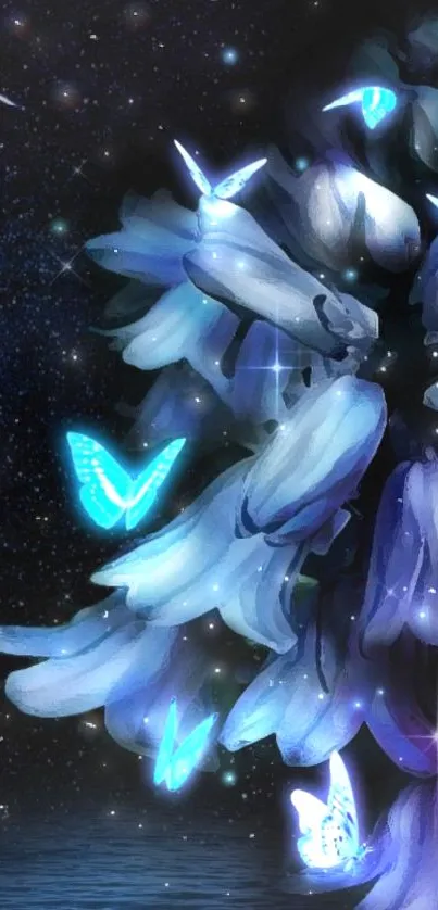 Mystical night wallpaper with blue butterflies and flowers.