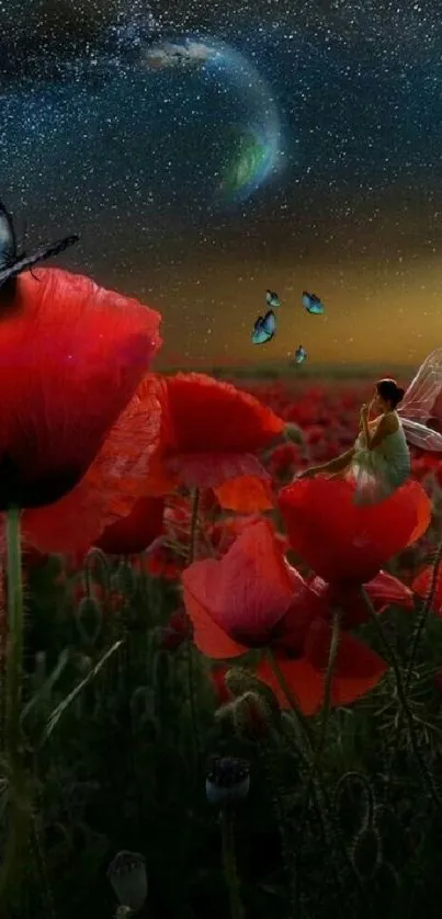 Fairy and butterfly in a red flower field under a starry night sky.