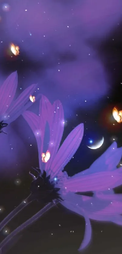 Purple flowers with moon and fireflies in a starry night sky wallpaper.