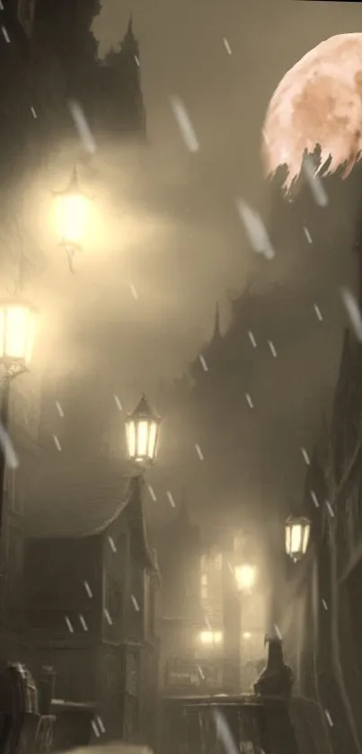 A foggy street with glowing lamps and a full moon creating a mystical atmosphere.