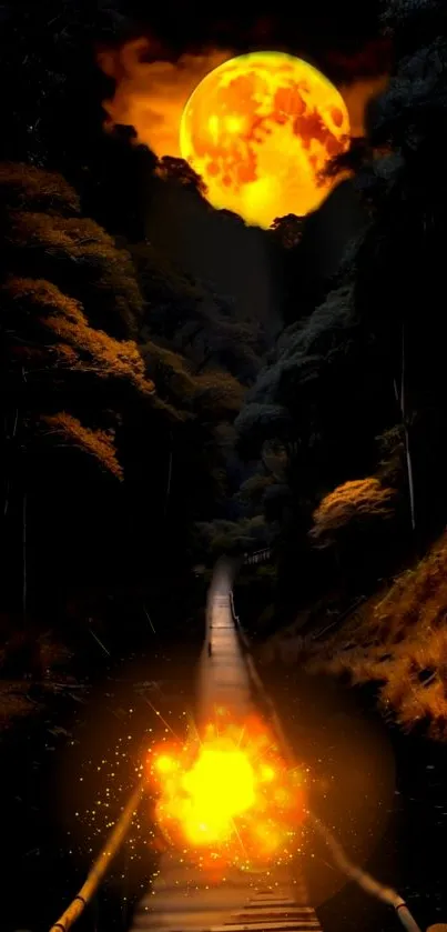 Glowing full moon over mystical forest path at night.