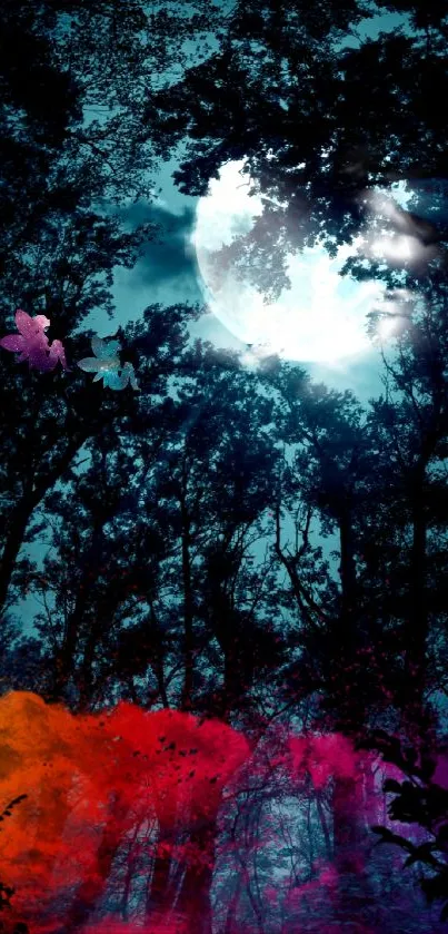 A mystical forest under a full moon with colorful accents on a mobile wallpaper.