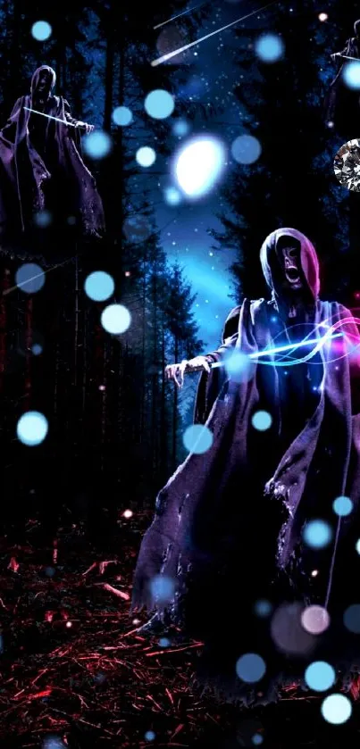 Mystical night forest wallpaper with hooded figures and glowing orbs.