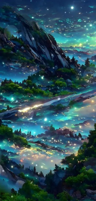 Mystical night forest with glowing stars and vibrant landscapes.