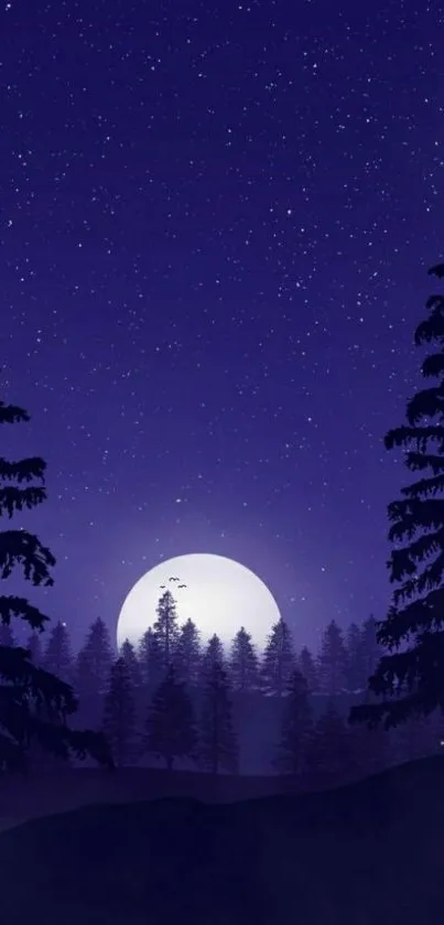 Mobile wallpaper of a dark blue night forest with stars and full moon.