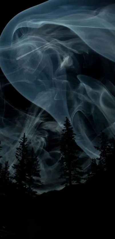 Ethereal smoke swirls above a dark forest.