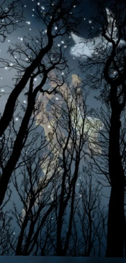 Mystical night forest wallpaper with silhouetted trees under a starry sky.