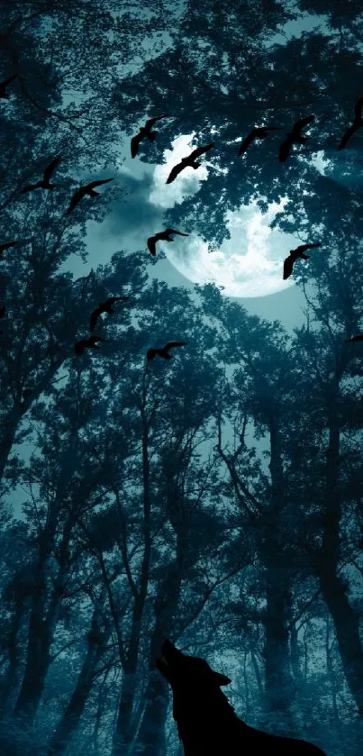 Mystical forest with moonlit silhouette of a wolf howling among trees and birds.