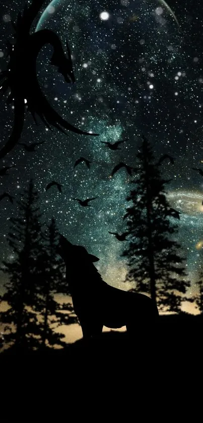 Mystical night forest with wolf, dragon silhouette, and starry sky.