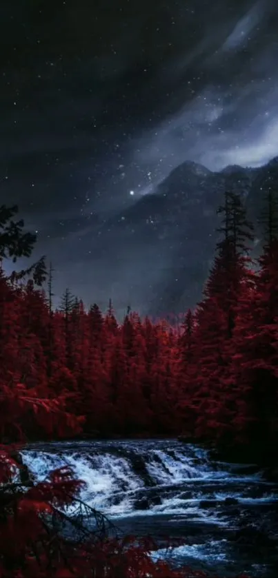 A mystical night forest with red trees and a starry sky over a flowing stream.