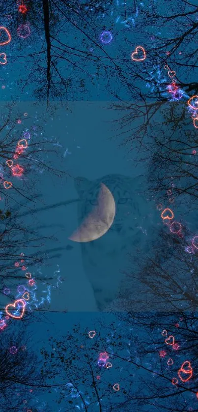 Mystical forest wallpaper with moon and heart lights.