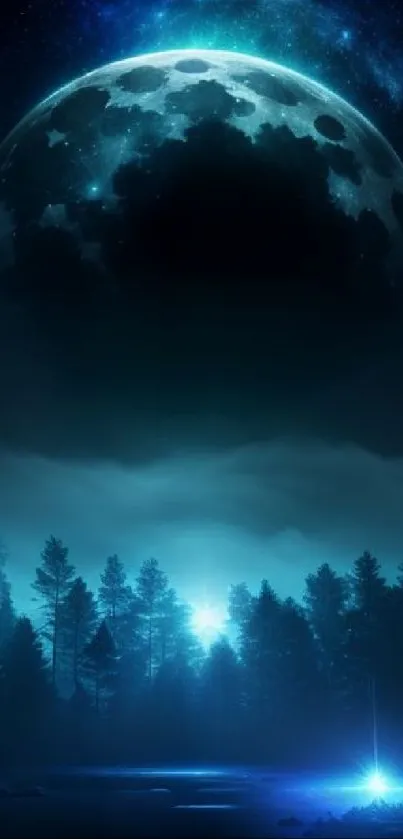 Mystical night forest wallpaper with a glowing full moon and blue hues.