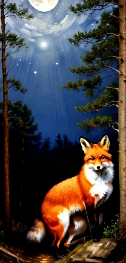 Fox sits in a moonlit forest under a starry night sky.