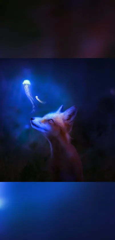 Fox gazing at glowing jellyfish under a mystical night sky.