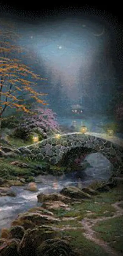 Night garden wallpaper with a stone bridge under starlit sky.